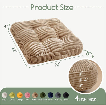 Floor Pillow Cushion for Adults, Meditation Cushion Pillow, Large Square Floor Sitting, Tufted Corduroy Cover, for Tatami Living Room or Yoga, 22x22 Inch, Dark Grey