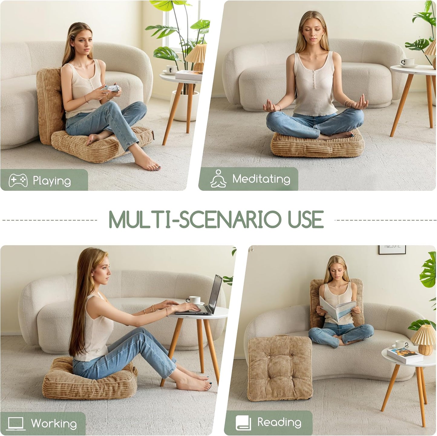 Floor Pillow Cushion for Adults, Meditation Cushion Pillow, Large Square Floor Sitting, Tufted Corduroy Cover, for Tatami Living Room or Yoga, 22x22 Inch, Dark Grey