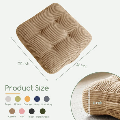 Floor Pillow Cushion for Adults, Meditation Cushion Pillow, Large Square Floor Sitting, Tufted Corduroy Cover, for Tatami Living Room or Yoga, 22x22 Inch, Dark Grey