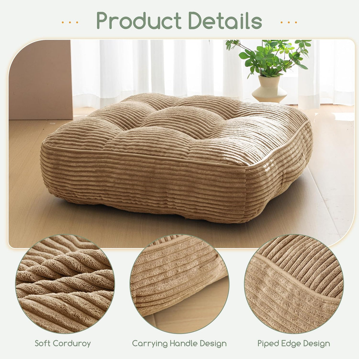 Floor Pillow Cushion for Adults, Meditation Cushion Pillow, Large Square Floor Sitting, Tufted Corduroy Cover, for Tatami Living Room or Yoga, 22x22 Inch, Dark Grey