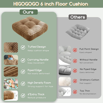 Floor Pillow Cushion for Adults, Meditation Cushion Pillow, Large Square Floor Sitting, Tufted Corduroy Cover, for Tatami Living Room or Yoga, 22x22 Inch, Dark Grey