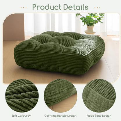 Floor Pillow Cushion for Adults, Meditation Cushion Pillow, Large Square Floor Sitting, Tufted Corduroy Cover, for Tatami Living Room or Yoga, 22x22 Inch, Dark Grey