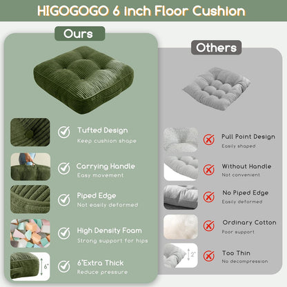 Floor Pillow Cushion for Adults, Meditation Cushion Pillow, Large Square Floor Sitting, Tufted Corduroy Cover, for Tatami Living Room or Yoga, 22x22 Inch, Dark Grey