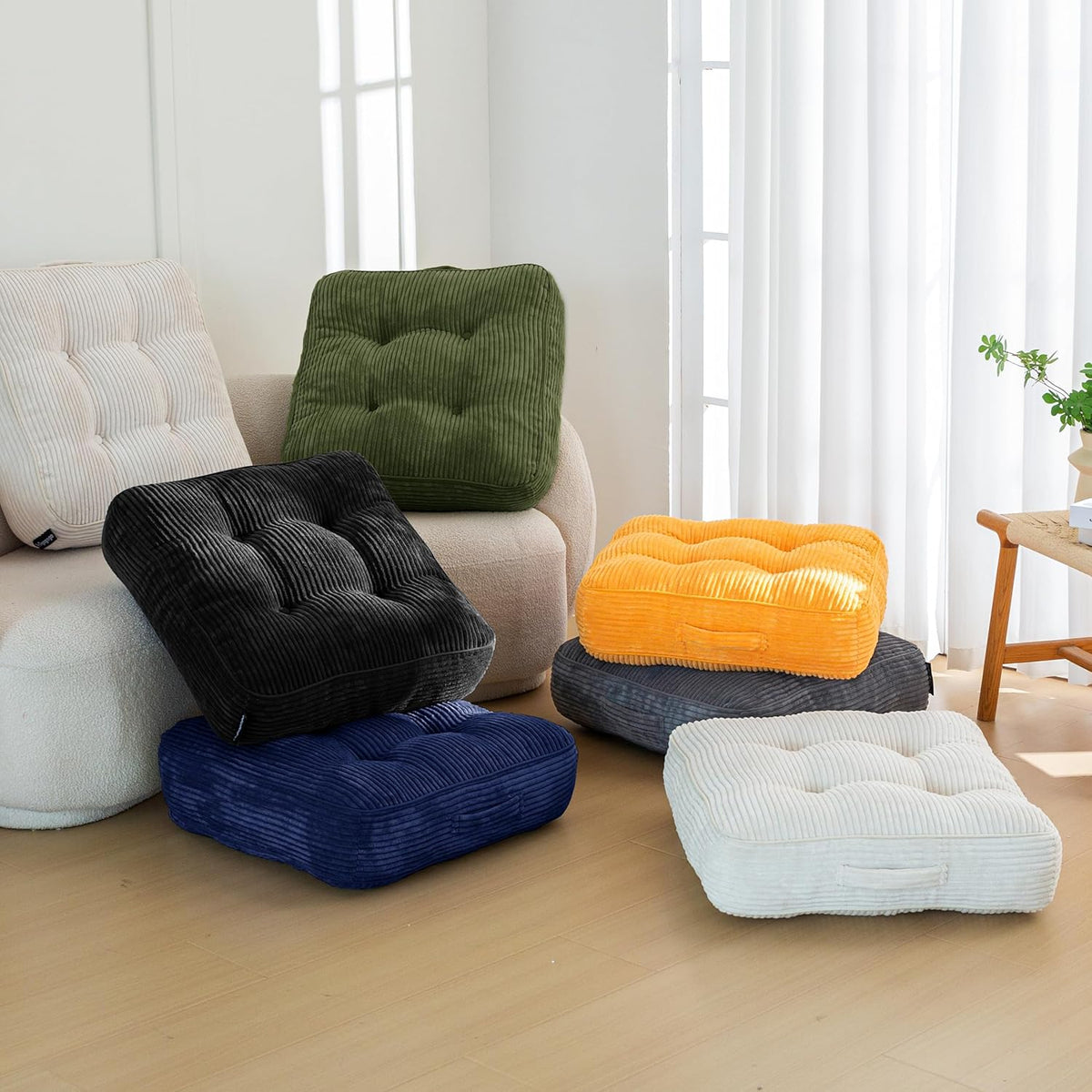 Floor Pillow Cushion for Adults, Meditation Cushion Pillow, Large Square Floor Sitting, Tufted Corduroy Cover, for Tatami Living Room or Yoga, 22x22 Inch, Dark Grey