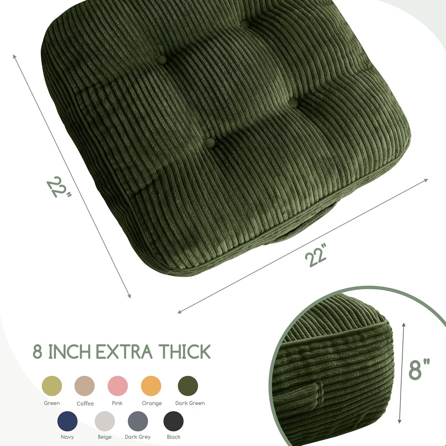 Floor Pillow Cushion for Adults, Meditation Cushion Pillow, Large Square Floor Sitting, Tufted Corduroy Cover, for Tatami Living Room or Yoga, 22x22 Inch, Dark Grey