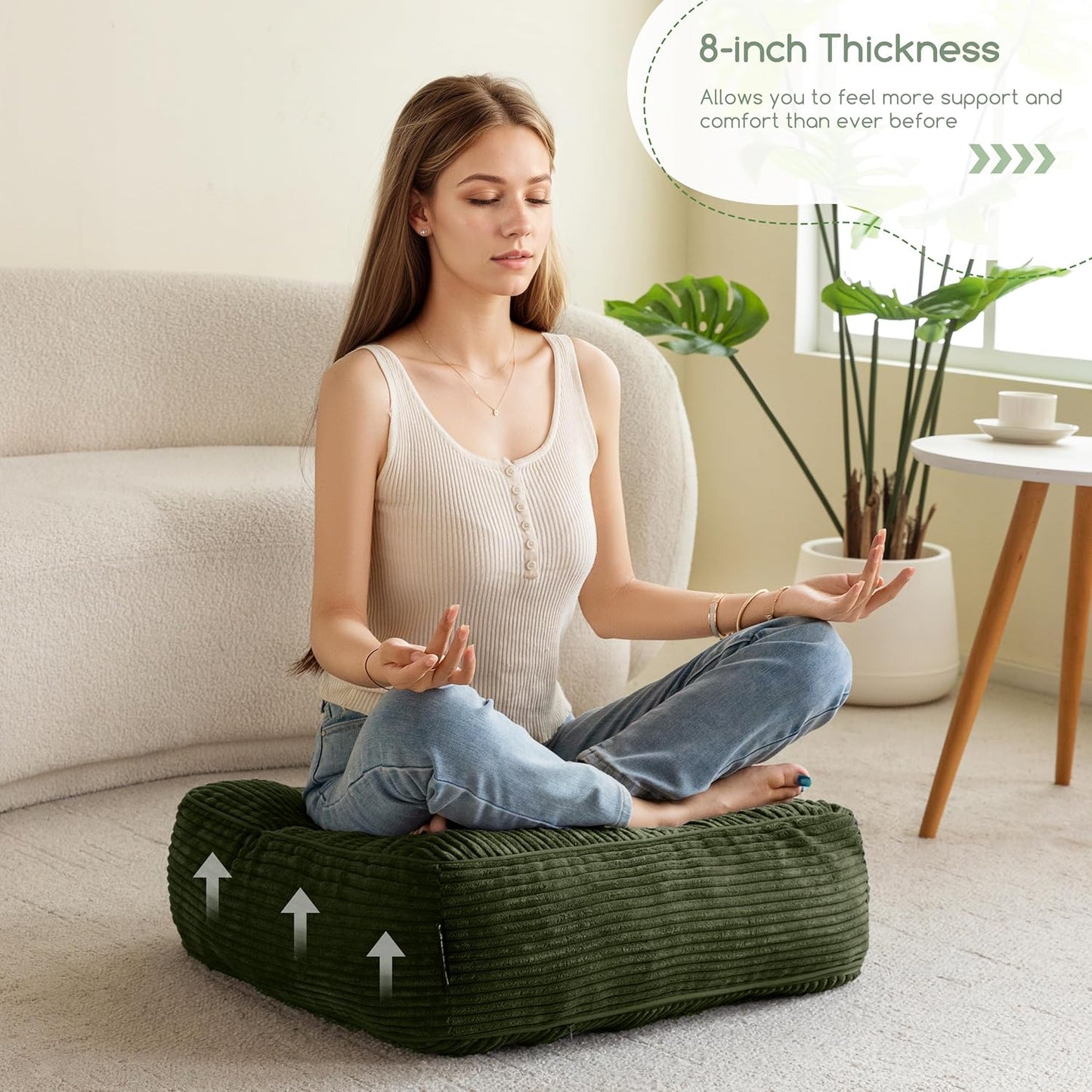 Floor Pillow Cushion for Adults, Meditation Cushion Pillow, Large Square Floor Sitting, Tufted Corduroy Cover, for Tatami Living Room or Yoga, 22x22 Inch, Dark Grey