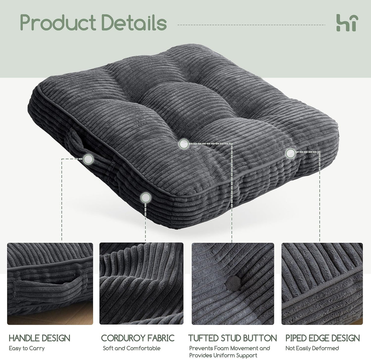 Floor Pillow Cushion for Adults, Meditation Cushion Pillow, Large Square Floor Sitting, Tufted Corduroy Cover, for Tatami Living Room or Yoga, 22x22 Inch, Dark Grey