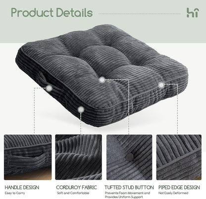Floor Pillow Cushion for Adults, Meditation Cushion Pillow, Large Square Floor Sitting, Tufted Corduroy Cover, for Tatami Living Room or Yoga, 22x22 Inch, Dark Grey
