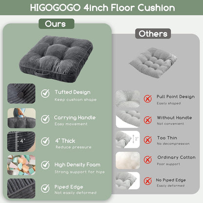 Floor Pillow Cushion for Adults, Meditation Cushion Pillow, Large Square Floor Sitting, Tufted Corduroy Cover, for Tatami Living Room or Yoga, 22x22 Inch, Dark Grey