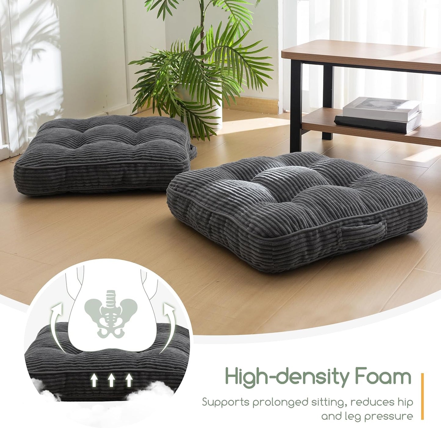 Floor Pillow Cushion for Adults, Meditation Cushion Pillow, Large Square Floor Sitting, Tufted Corduroy Cover, for Tatami Living Room or Yoga, 22x22 Inch, Dark Grey