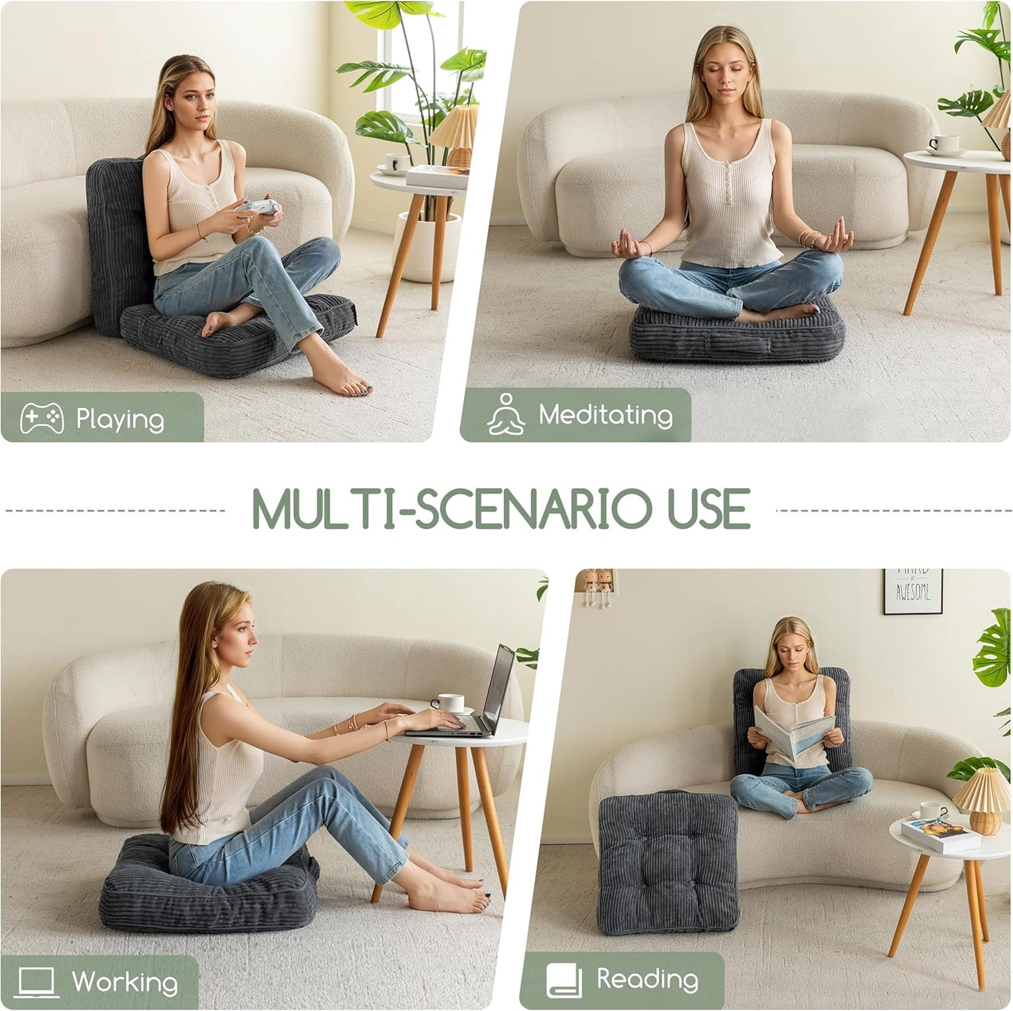 Floor Pillow Cushion for Adults, Meditation Cushion Pillow, Large Square Floor Sitting, Tufted Corduroy Cover, for Tatami Living Room or Yoga, 22x22 Inch, Dark Grey