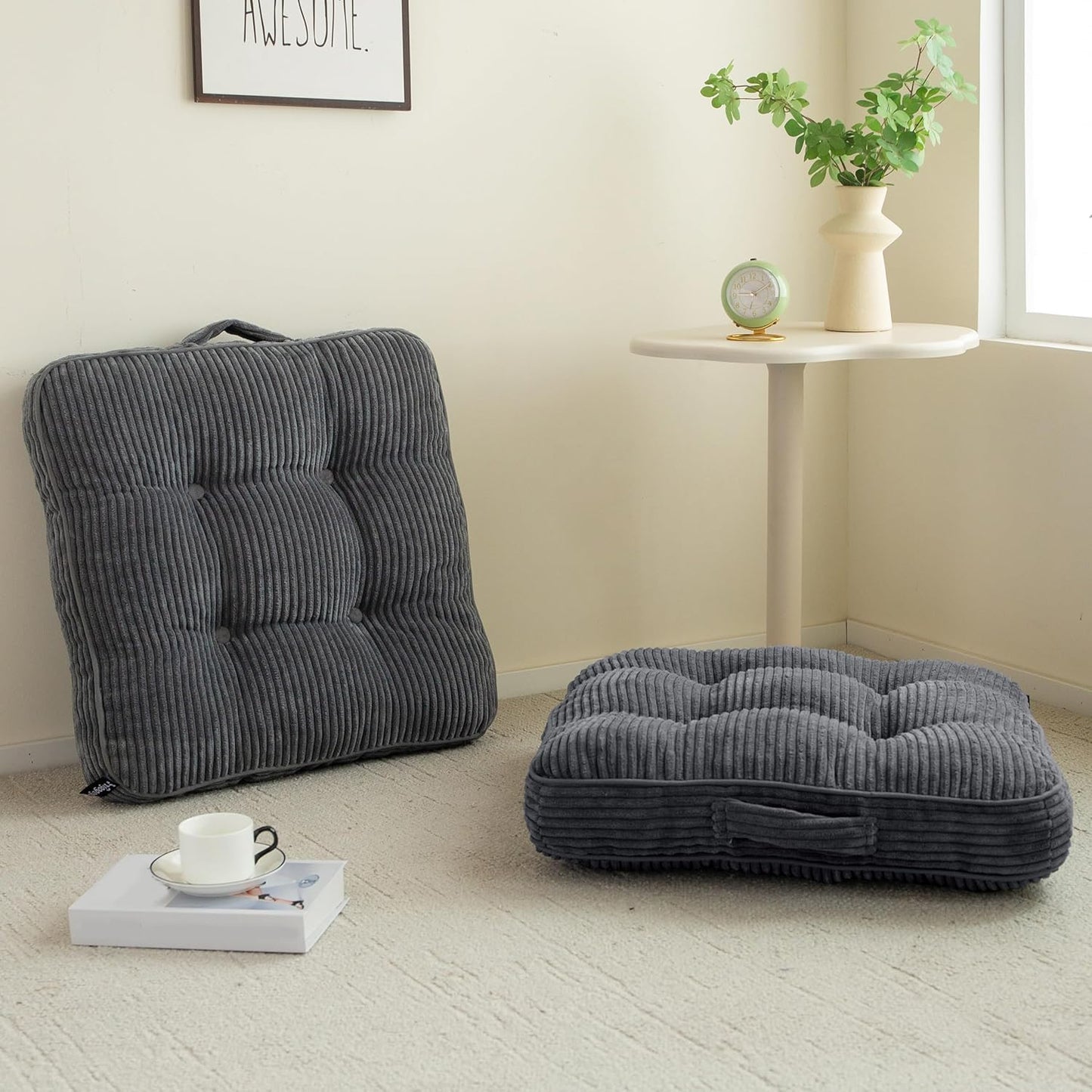 Floor Pillow Cushion for Adults, Meditation Cushion Pillow, Large Square Floor Sitting, Tufted Corduroy Cover, for Tatami Living Room or Yoga, 22x22 Inch, Dark Grey