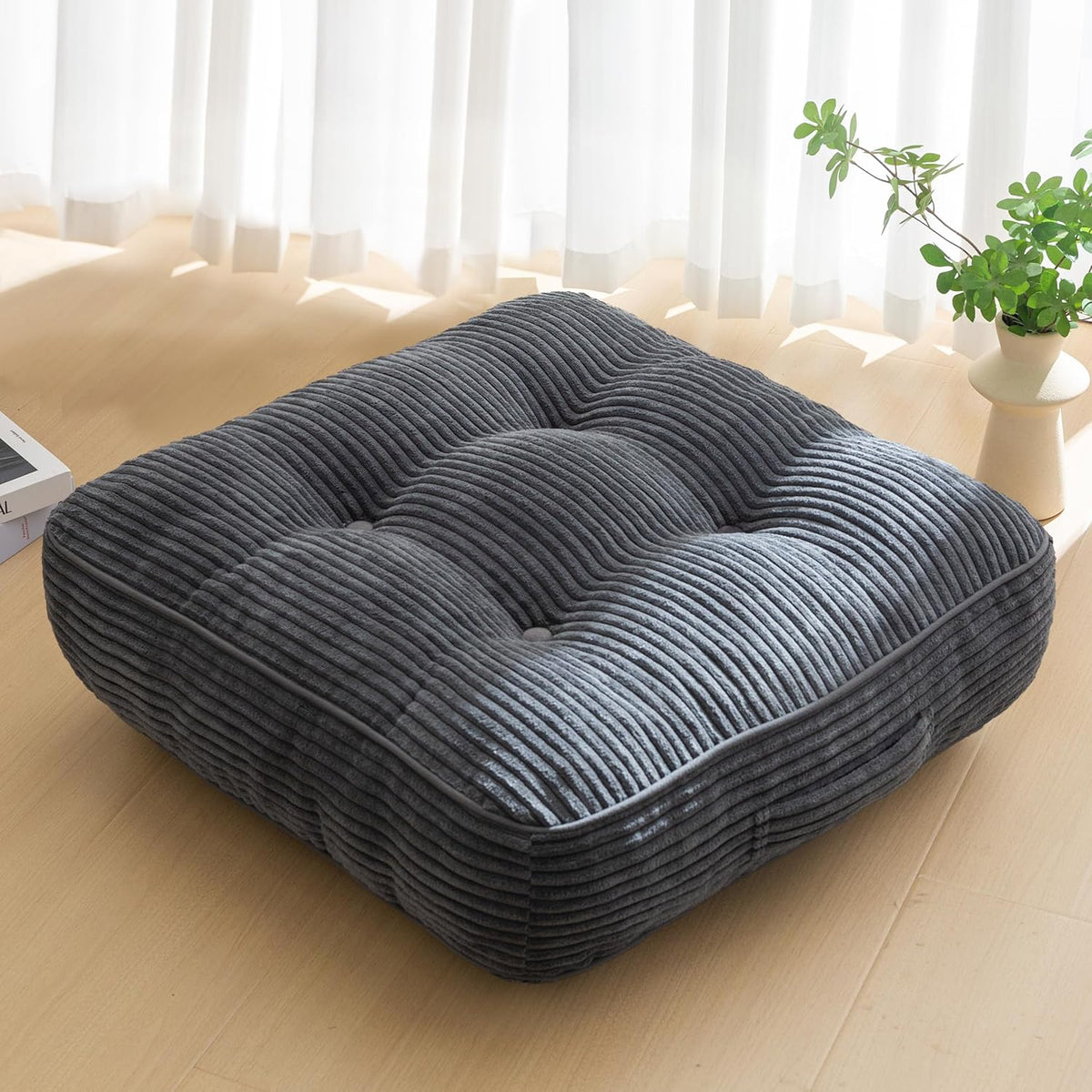 Floor Pillow Cushion for Adults, Meditation Cushion Pillow, Large Square Floor Sitting, Tufted Corduroy Cover, for Tatami Living Room or Yoga, 22x22 Inch, Dark Grey
