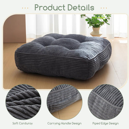 Floor Pillow Cushion for Adults, Meditation Cushion Pillow, Large Square Floor Sitting, Tufted Corduroy Cover, for Tatami Living Room or Yoga, 22x22 Inch, Dark Grey