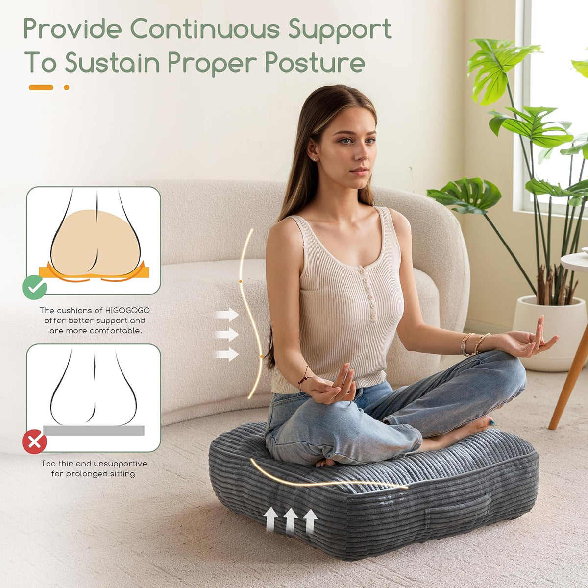 Floor Pillow Cushion for Adults, Meditation Cushion Pillow, Large Square Floor Sitting, Tufted Corduroy Cover, for Tatami Living Room or Yoga, 22x22 Inch, Dark Grey