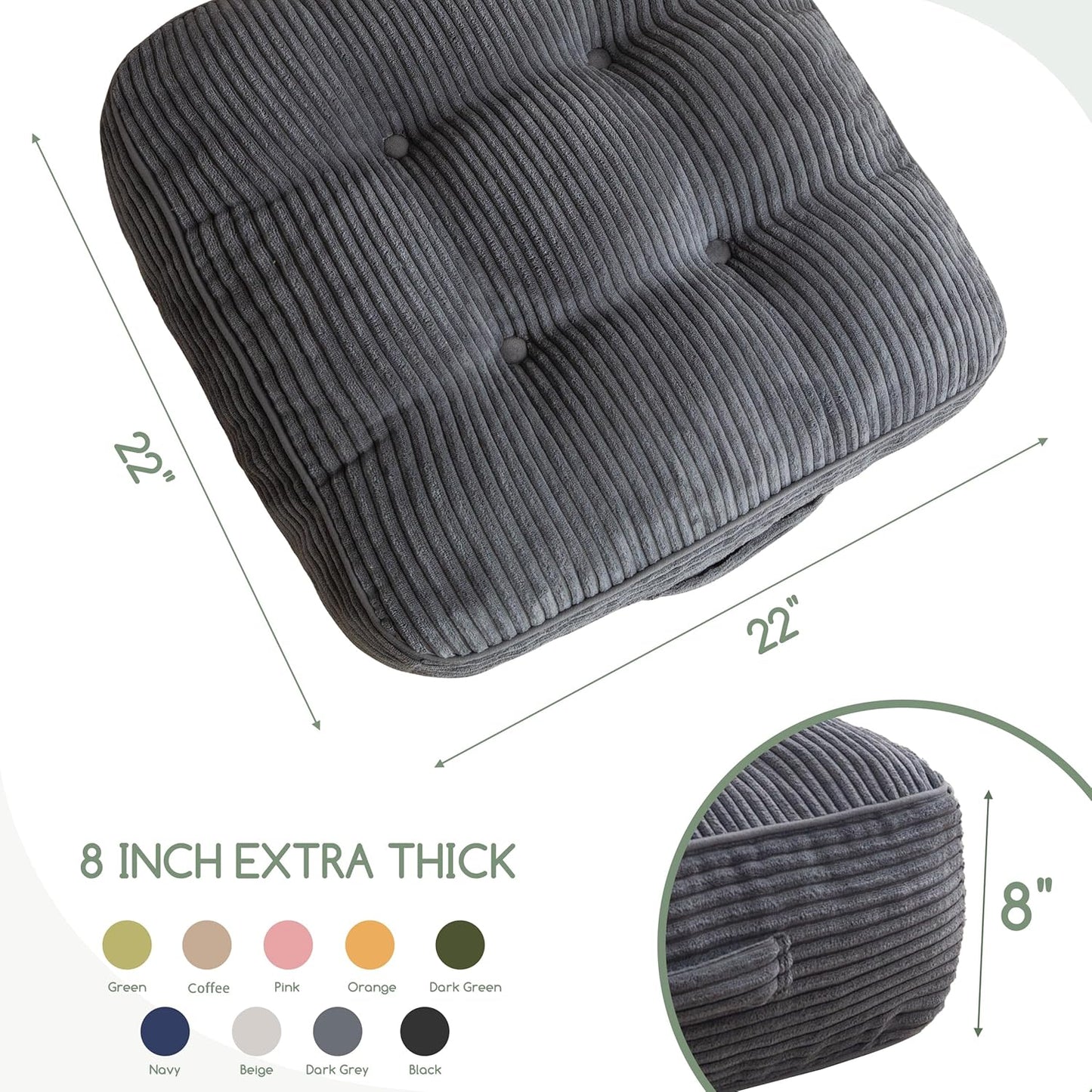 Floor Pillow Cushion for Adults, Meditation Cushion Pillow, Large Square Floor Sitting, Tufted Corduroy Cover, for Tatami Living Room or Yoga, 22x22 Inch, Dark Grey