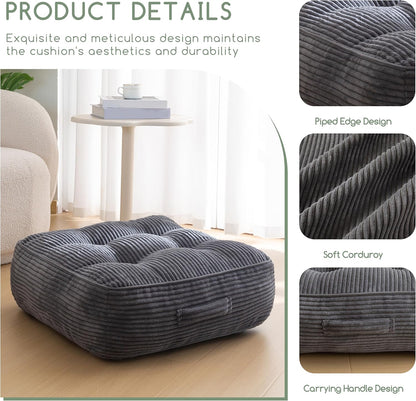 Floor Pillow Cushion for Adults, Meditation Cushion Pillow, Large Square Floor Sitting, Tufted Corduroy Cover, for Tatami Living Room or Yoga, 22x22 Inch, Dark Grey