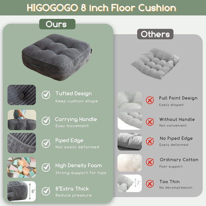 Floor Pillow Cushion for Adults, Meditation Cushion Pillow, Large Square Floor Sitting, Tufted Corduroy Cover, for Tatami Living Room or Yoga, 22x22 Inch, Dark Grey