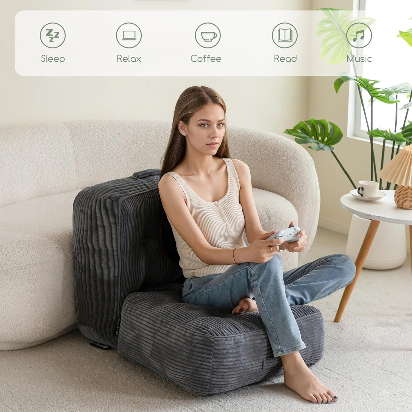 Floor Pillow Cushion for Adults, Meditation Cushion Pillow, Large Square Floor Sitting, Tufted Corduroy Cover, for Tatami Living Room or Yoga, 22x22 Inch, Dark Grey