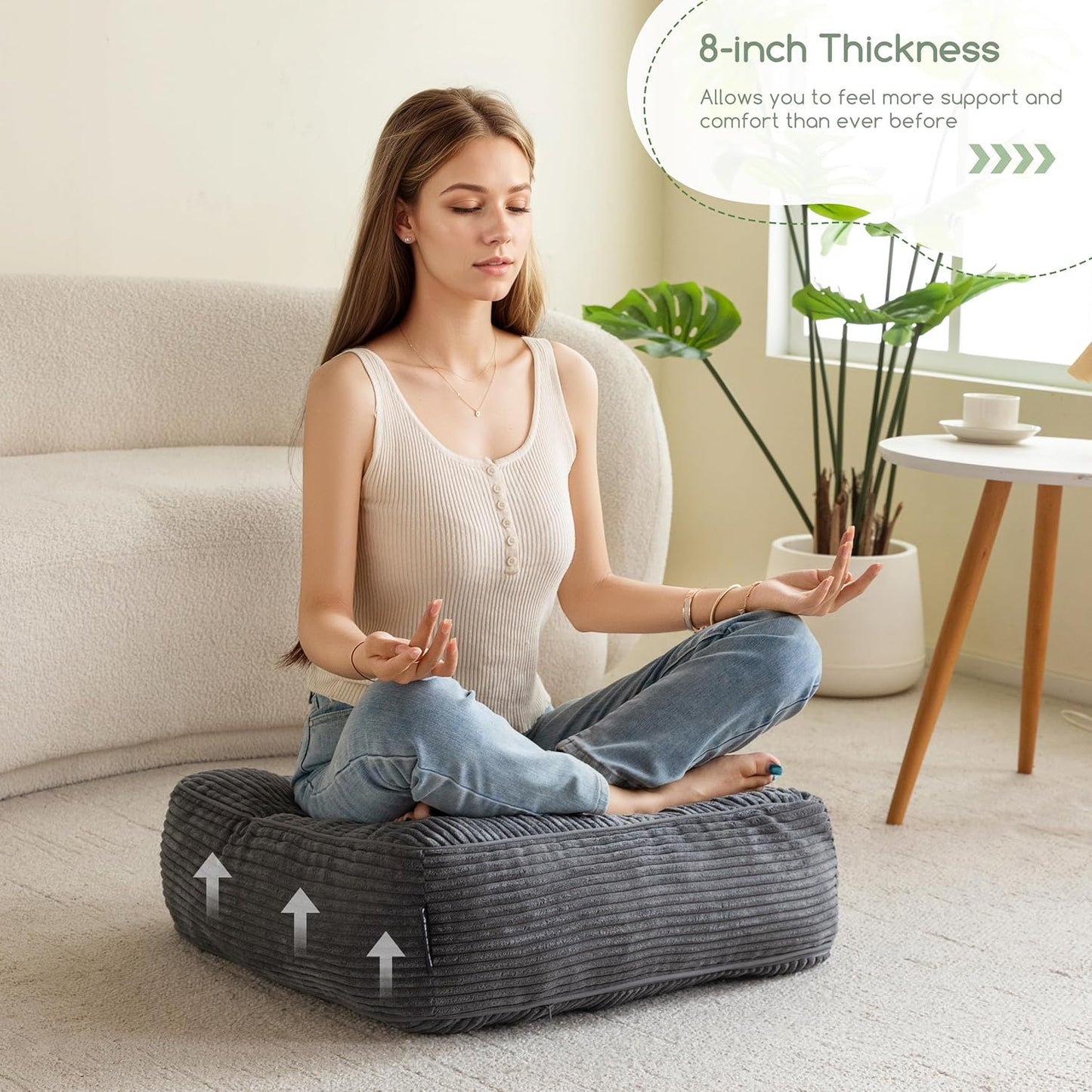 Floor Pillow Cushion for Adults, Meditation Cushion Pillow, Large Square Floor Sitting, Tufted Corduroy Cover, for Tatami Living Room or Yoga, 22x22 Inch, Dark Grey