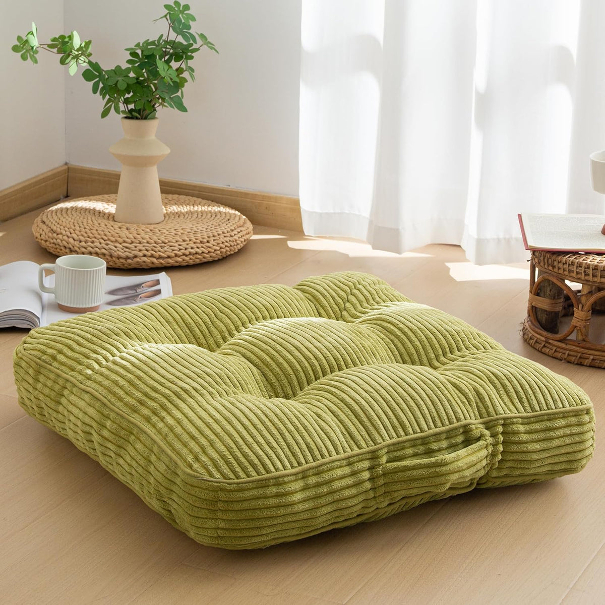 Floor Pillow Cushion for Adults, Meditation Cushion Pillow, Large Square Floor Sitting, Tufted Corduroy Cover, for Tatami Living Room or Yoga, 22x22 Inch, Dark Grey