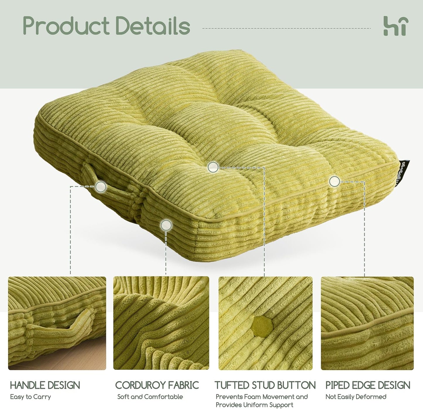 Floor Pillow Cushion for Adults, Meditation Cushion Pillow, Large Square Floor Sitting, Tufted Corduroy Cover, for Tatami Living Room or Yoga, 22x22 Inch, Dark Grey