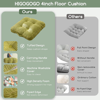 Floor Pillow Cushion for Adults, Meditation Cushion Pillow, Large Square Floor Sitting, Tufted Corduroy Cover, for Tatami Living Room or Yoga, 22x22 Inch, Dark Grey