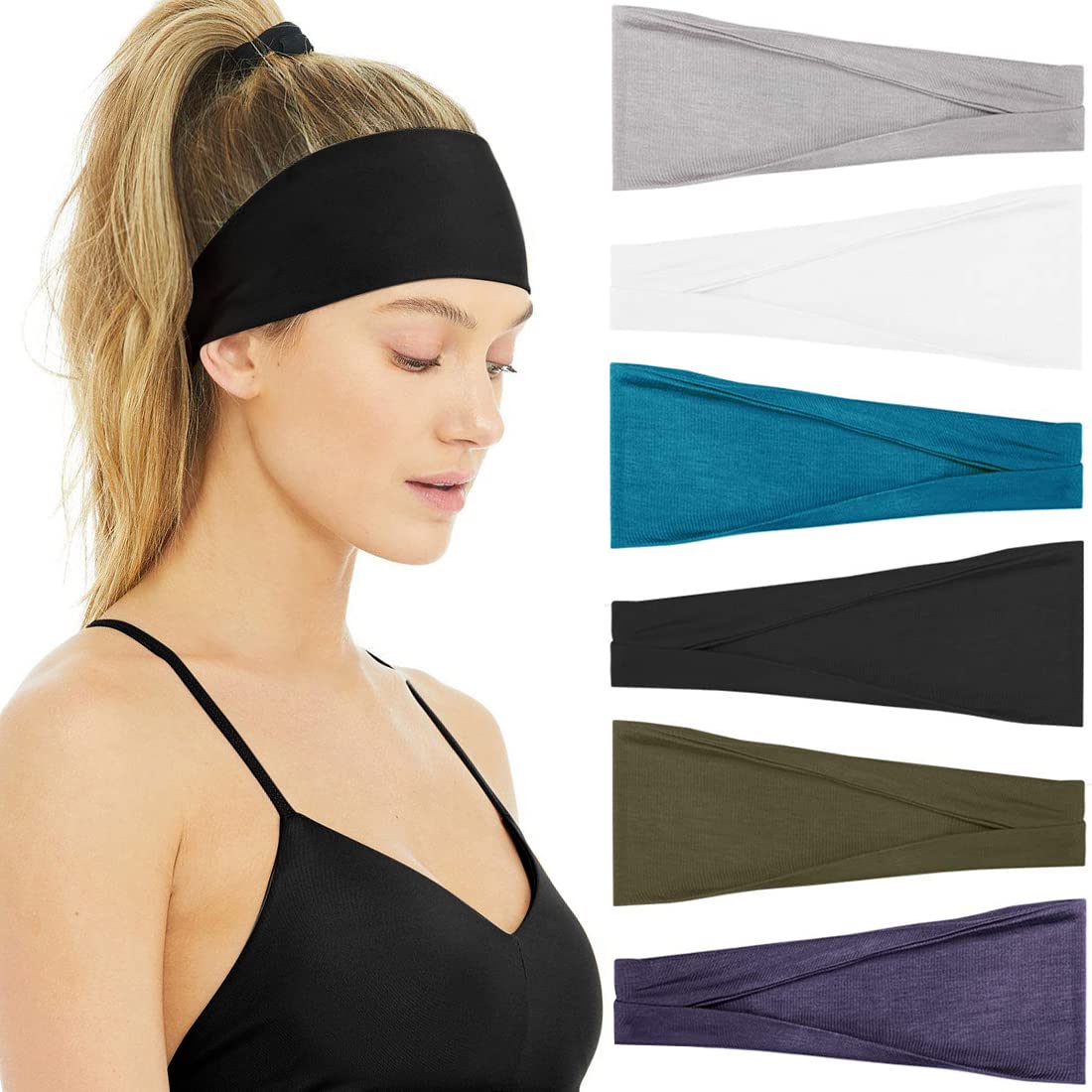 Headbands for Women Non Slip - Wide Elastic Sports Sweatband Headbands, Soft Stretchy Hair Bands for Yoga, Workout, Running & Daily Use, 6 Pack Thick Head Bands