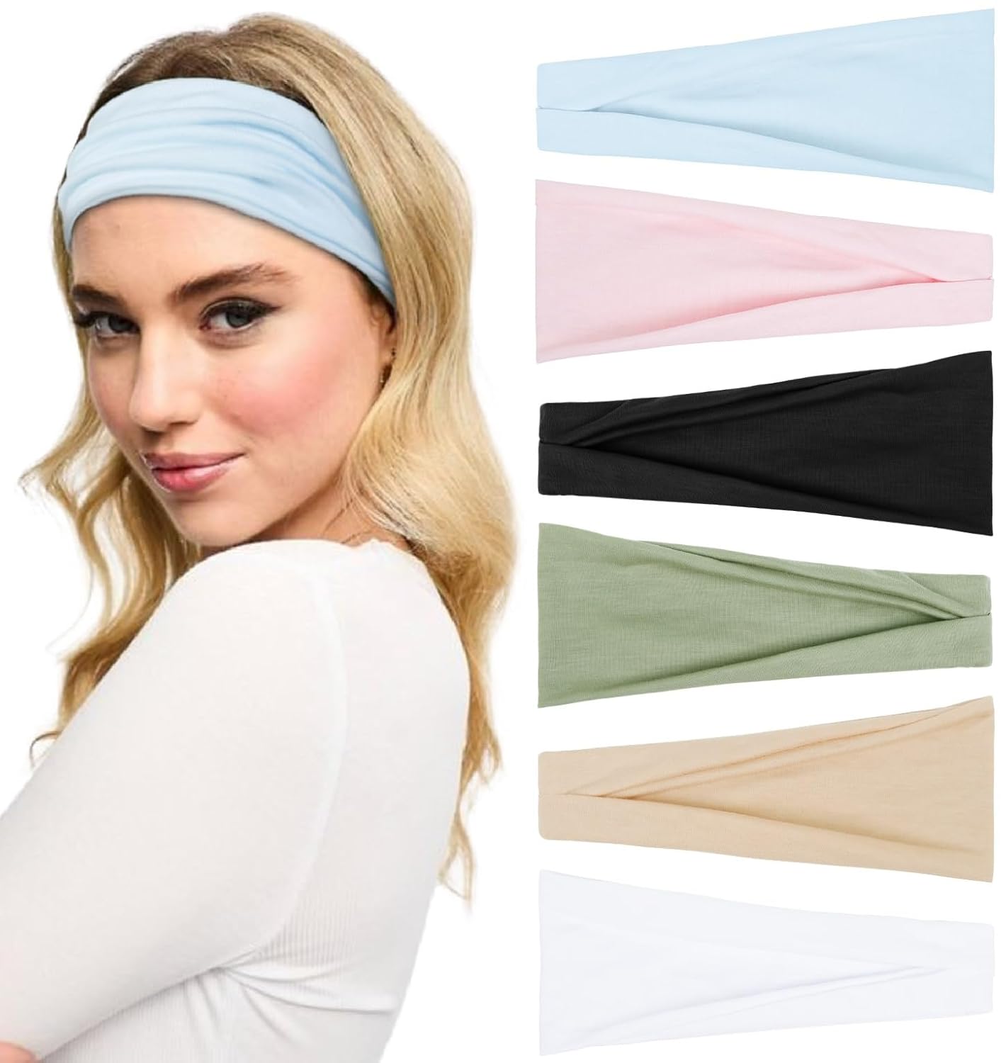 Headbands for Women Non Slip - Wide Elastic Sports Sweatband Headbands, Soft Stretchy Hair Bands for Yoga, Workout, Running & Daily Use, 6 Pack Thick Head Bands