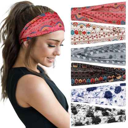 Headbands for Women Non Slip - Wide Elastic Sports Sweatband Headbands, Soft Stretchy Hair Bands for Yoga, Workout, Running & Daily Use, 6 Pack Thick Head Bands