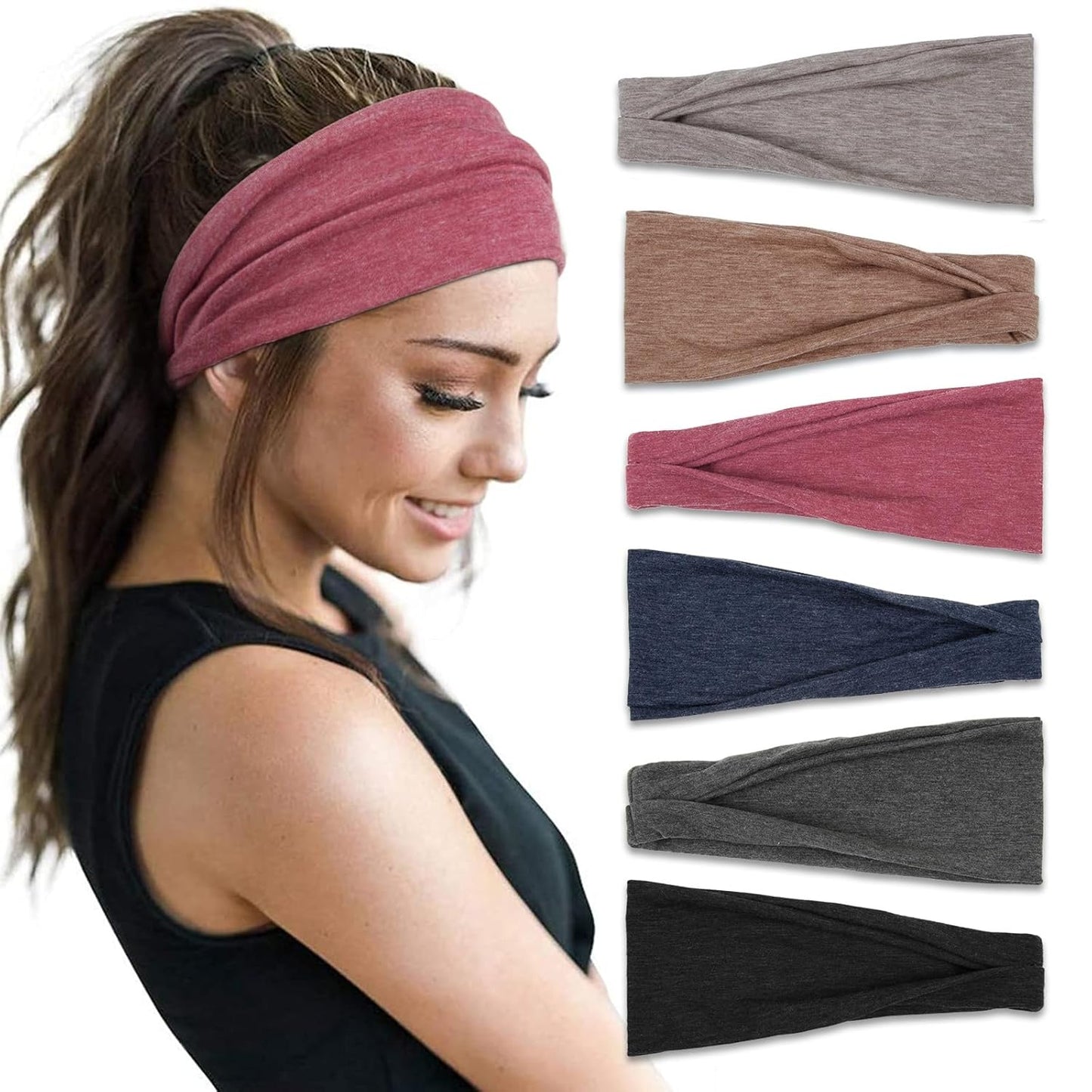 Headbands for Women Non Slip - Wide Elastic Sports Sweatband Headbands, Soft Stretchy Hair Bands for Yoga, Workout, Running & Daily Use, 6 Pack Thick Head Bands