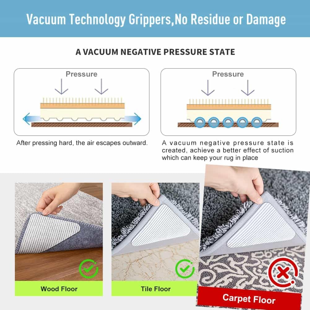 Rug Pads Gripper, Anti Slip Carpet Grippers for Vinyl Floors, Area Rug Pad Grippers Extra Sticky on Tile, Non-Slip Rug Pads Stopper for Hardwood Floor Rug Tape Stickers 12x12cm 4 Pieces