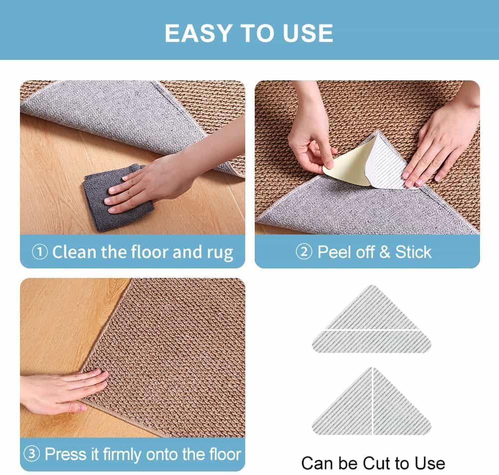 Rug Pads Gripper, Anti Slip Carpet Grippers for Vinyl Floors, Area Rug Pad Grippers Extra Sticky on Tile, Non-Slip Rug Pads Stopper for Hardwood Floor Rug Tape Stickers 12x12cm 4 Pieces