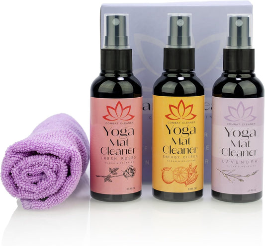 Yoga Mat Cleaner Spray Kit (Pack of 3) Includes a Microfiber Towel, Restores and Refreshes Yoga Mats (Lavender, Fresh Roses, Energy Citrus)