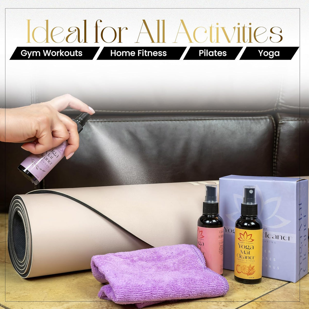 Yoga Mat Cleaner Spray Kit (Pack of 3) Includes a Microfiber Towel, Restores and Refreshes Yoga Mats (Lavender, Fresh Roses, Energy Citrus)