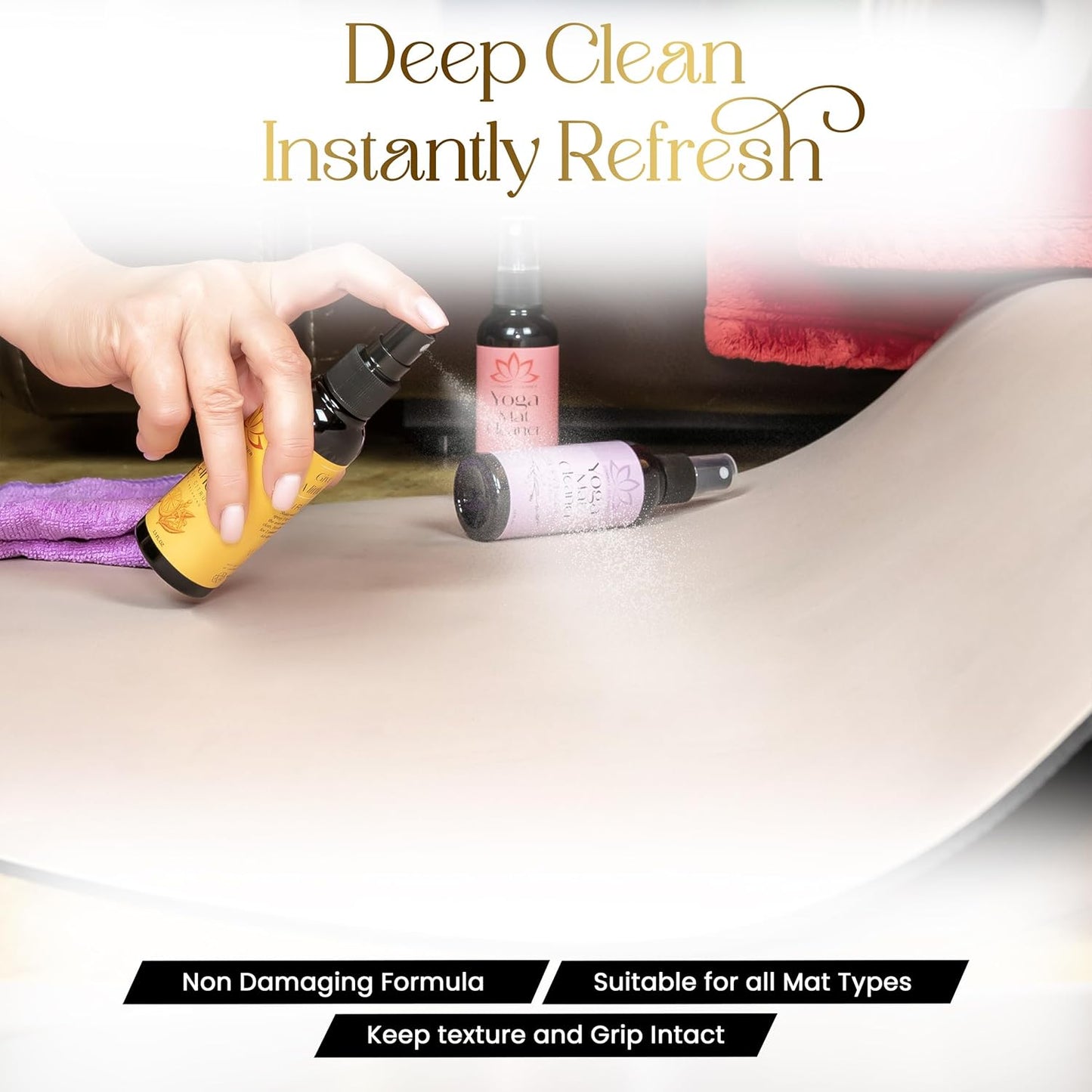Yoga Mat Cleaner Spray Kit (Pack of 3) Includes a Microfiber Towel, Restores and Refreshes Yoga Mats (Lavender, Fresh Roses, Energy Citrus)