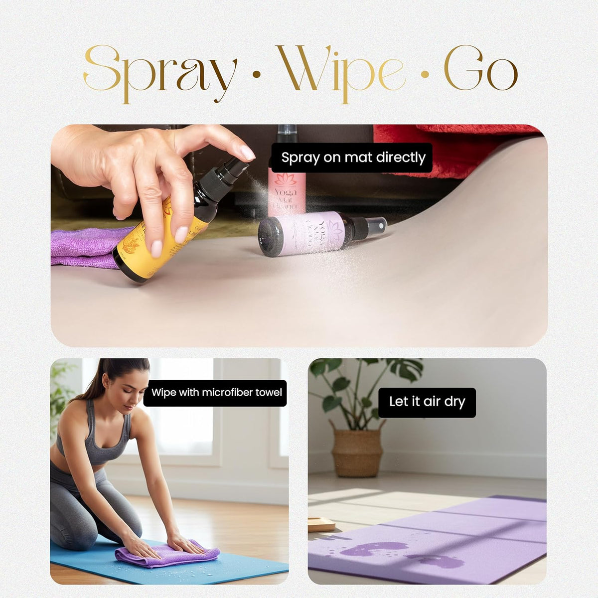 Yoga Mat Cleaner Spray Kit (Pack of 3) Includes a Microfiber Towel, Restores and Refreshes Yoga Mats (Lavender, Fresh Roses, Energy Citrus)