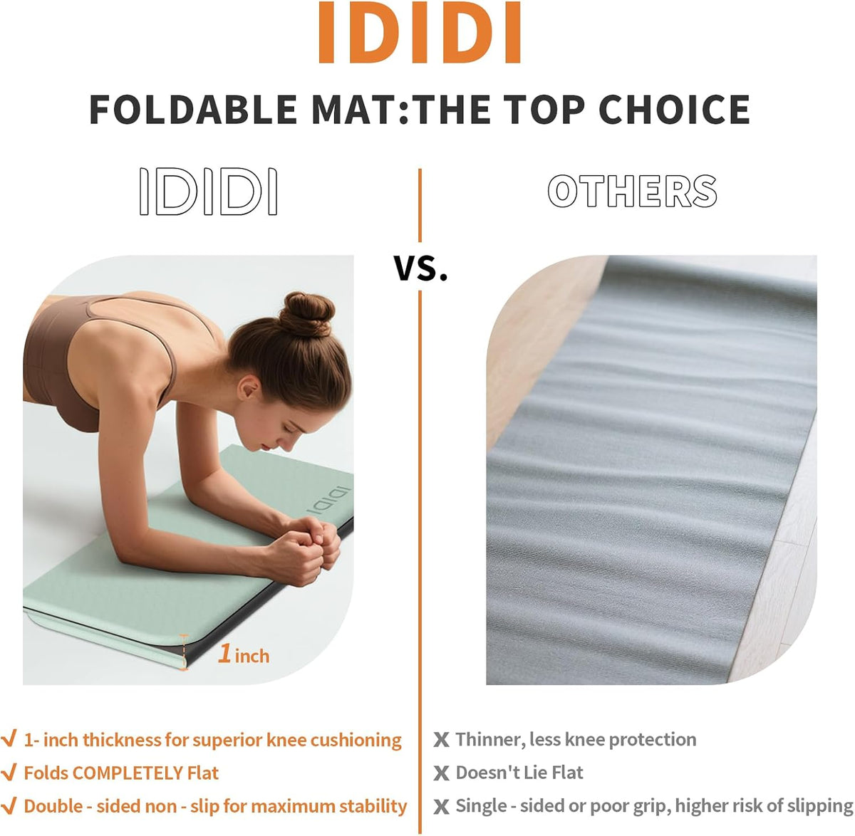 Foldable Exercise Pad Extra Thick 1.2" x 14" x 24" | POE Non-Toxic Multi-Functional Knee & Elbow Cushion for Push Up, Yoga, Pilates, Home & Gym Use for Adults & Kids