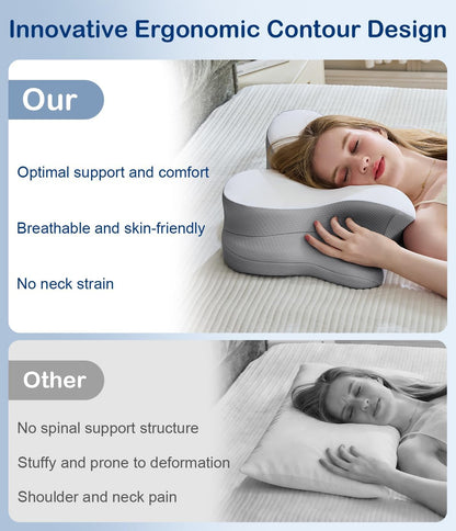 Cervical Neck Pillow, Memory Foam Pillow with Dual Height, White