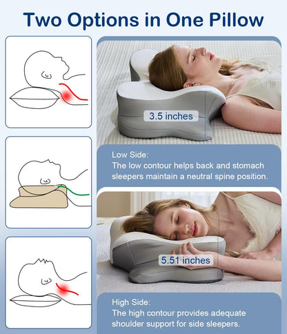 Cervical Neck Pillow, Memory Foam Pillow with Dual Height, White