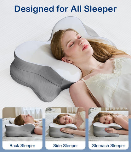 Cervical Neck Pillow, Memory Foam Pillow with Dual Height, White