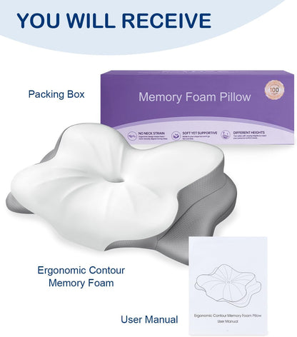 Cervical Neck Pillow, Memory Foam Pillow with Dual Height, White