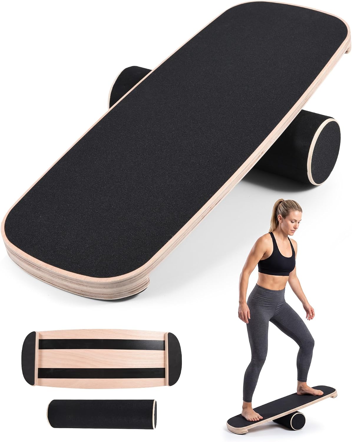 Balance Trainer Board for Adults, Surf Balance Board with Adjustable Stoppers，Wooden balance board, 300lbs capacity, non-slip surface, for core strength & balance, surfing skateboarding workout