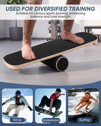 Balance Trainer Board for Adults, Surf Balance Board with Adjustable Stoppers，Wooden balance board, 300lbs capacity, non-slip surface, for core strength & balance, surfing skateboarding workout