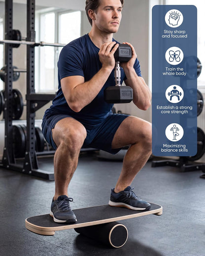 Balance Trainer Board for Adults, Surf Balance Board with Adjustable Stoppers，Wooden balance board, 300lbs capacity, non-slip surface, for core strength & balance, surfing skateboarding workout