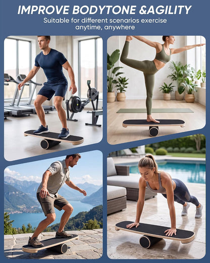 Balance Trainer Board for Adults, Surf Balance Board with Adjustable Stoppers，Wooden balance board, 300lbs capacity, non-slip surface, for core strength & balance, surfing skateboarding workout