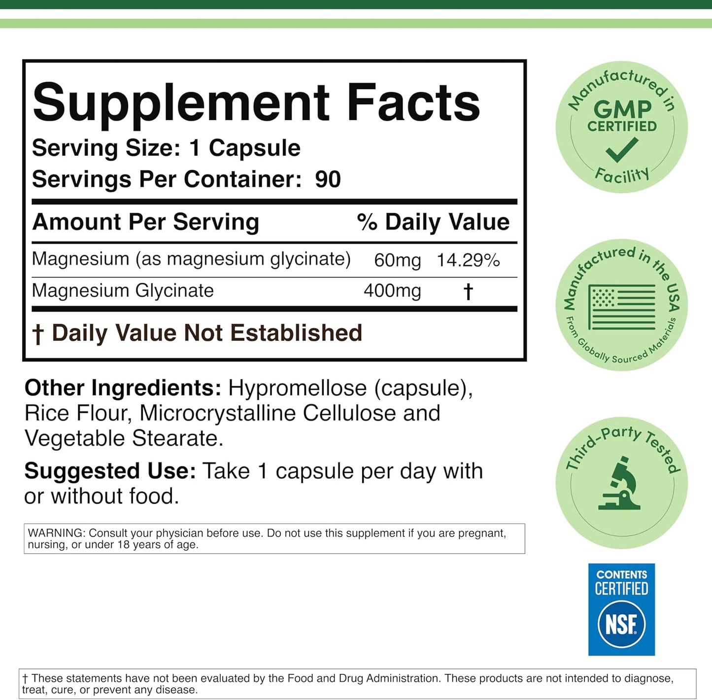 Magnesium Glycinate 400mg for Sleep, Relaxation, and Recovery, 180 Capsules