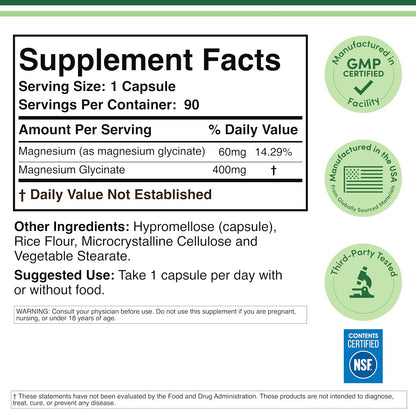 Magnesium Glycinate 400mg for Sleep, Relaxation, and Recovery, 180 Capsules