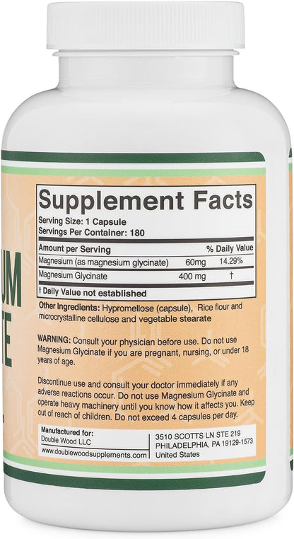 Magnesium Glycinate 400mg for Sleep, Relaxation, and Recovery, 180 Capsules