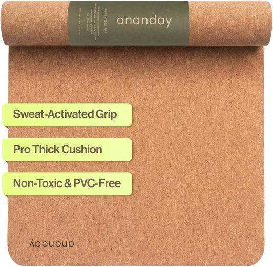 Ananday Premium Cork Yoga Mat - Sustainable, Non-Toxic & PVC-Free, Non-Slip, Perfect for Hot Yoga, Pilates & Exercise - Cushioned for Superior Comfort & Support